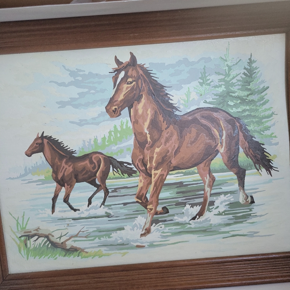 Wood Frame Original Running Horses Unsigned Paint by Number Brown Horses Foal